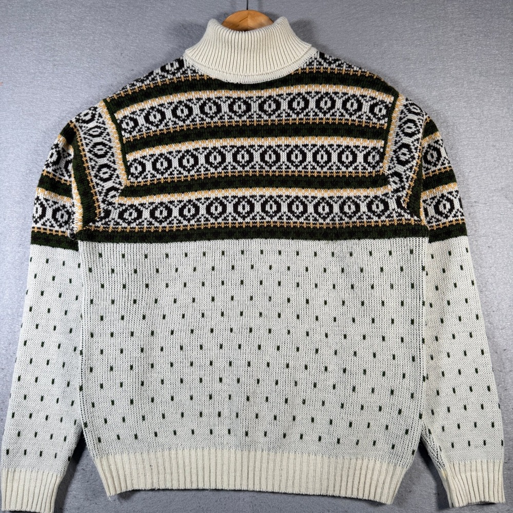 Vintage Kmart Mens Fair Isle Turtleneck Sweater‎ Nordic Pattern Green Cream